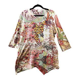 Atelier 5 Knit Asymmetric‎ Tunic Top Womens M Multicolor 3/4 Sleeve Art To Wear